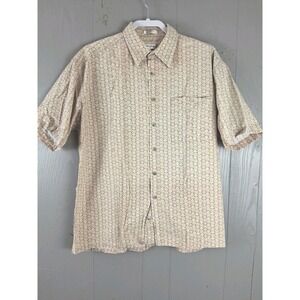 Vintage Pierre‎ Cardin 80s Button Up Shirt Mens Large Beige AOP Floral Groovy